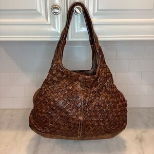 Langellotti Brown Genuine Leather Woven Shoulder Bag